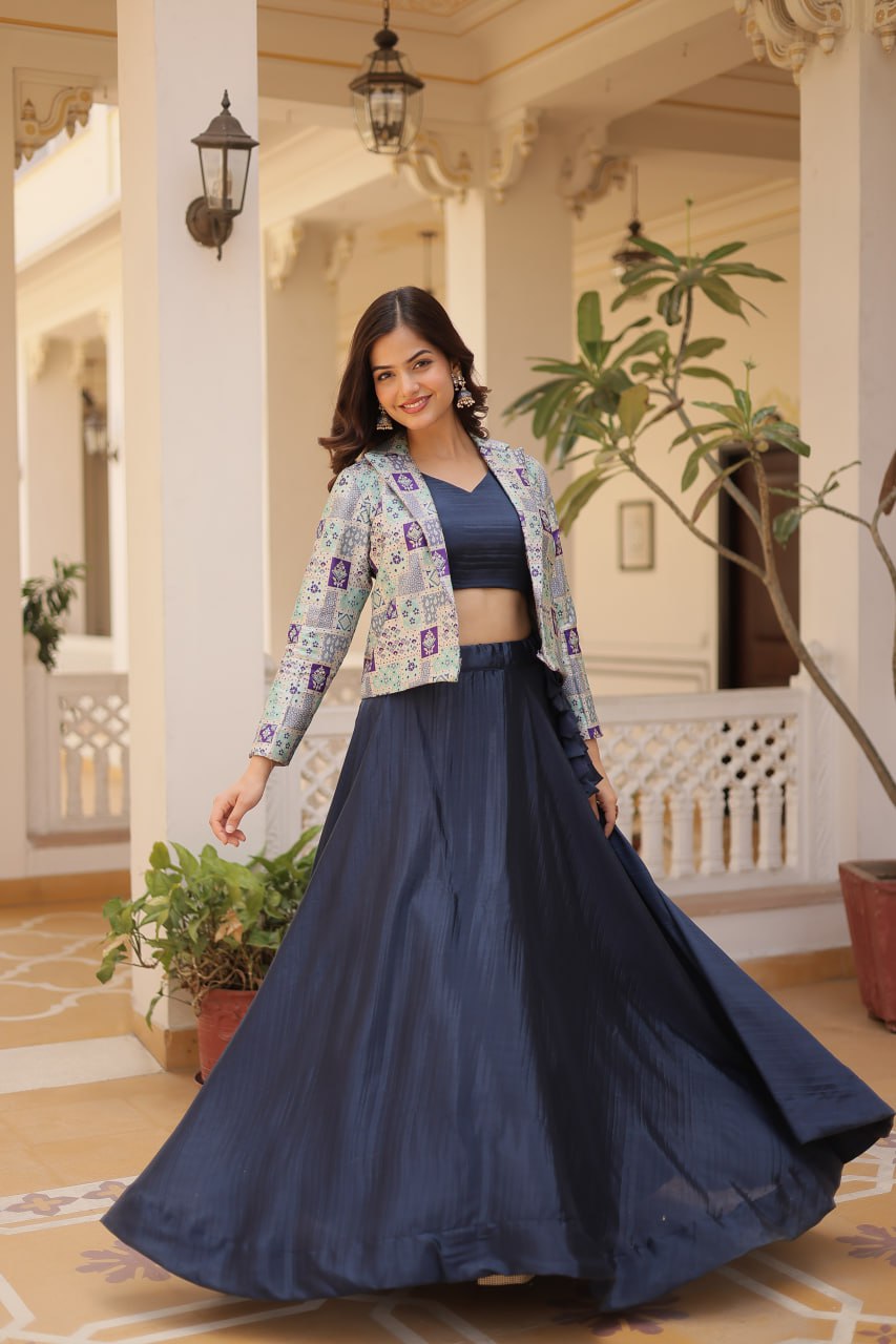 Stylish Chinon Fully Stitched Designer Lehenga Choli Koti Set - Ethnicwish