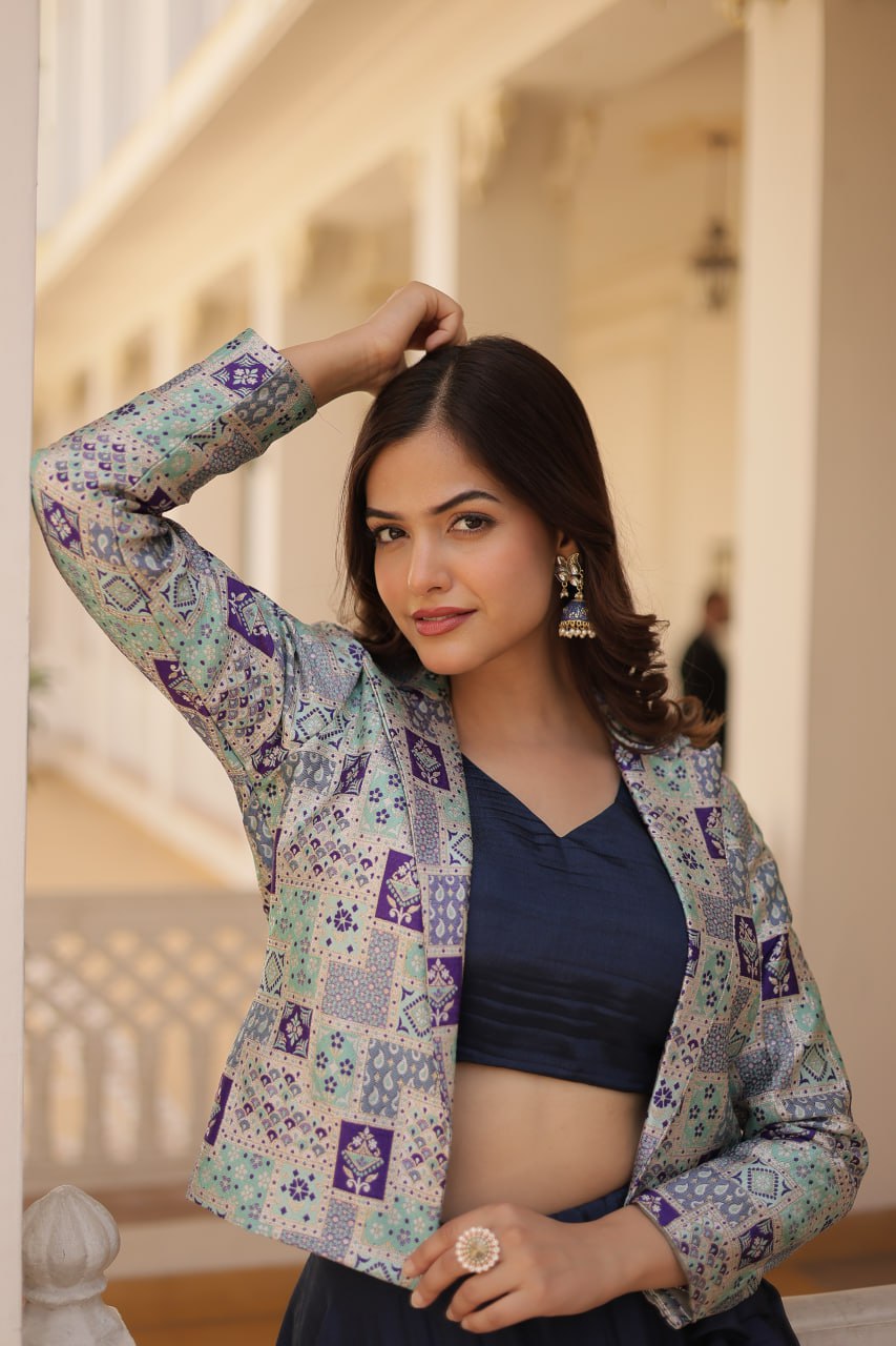 Stylish Chinon Fully Stitched Designer Lehenga Choli Koti Set - Ethnicwish