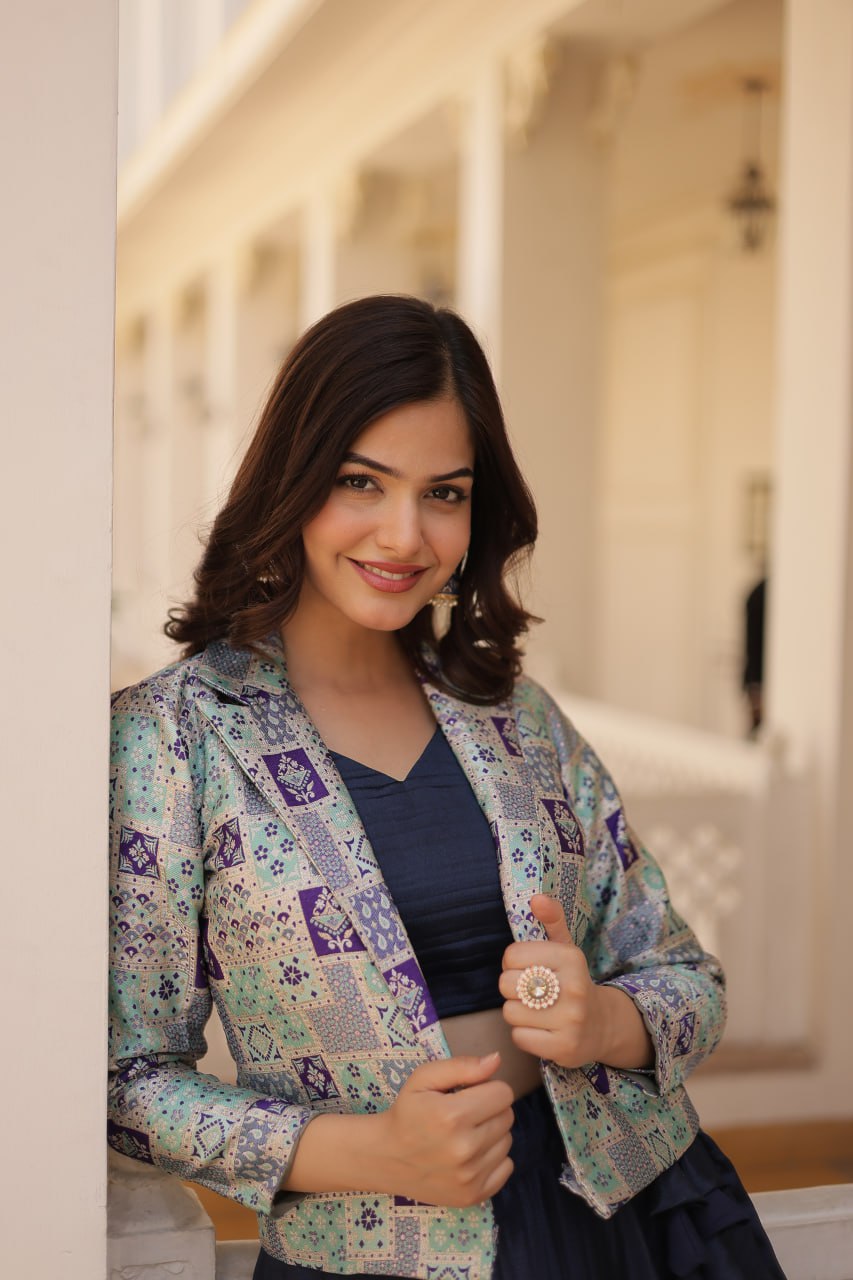 Stylish Chinon Fully Stitched Designer Lehenga Choli Koti Set - Ethnicwish