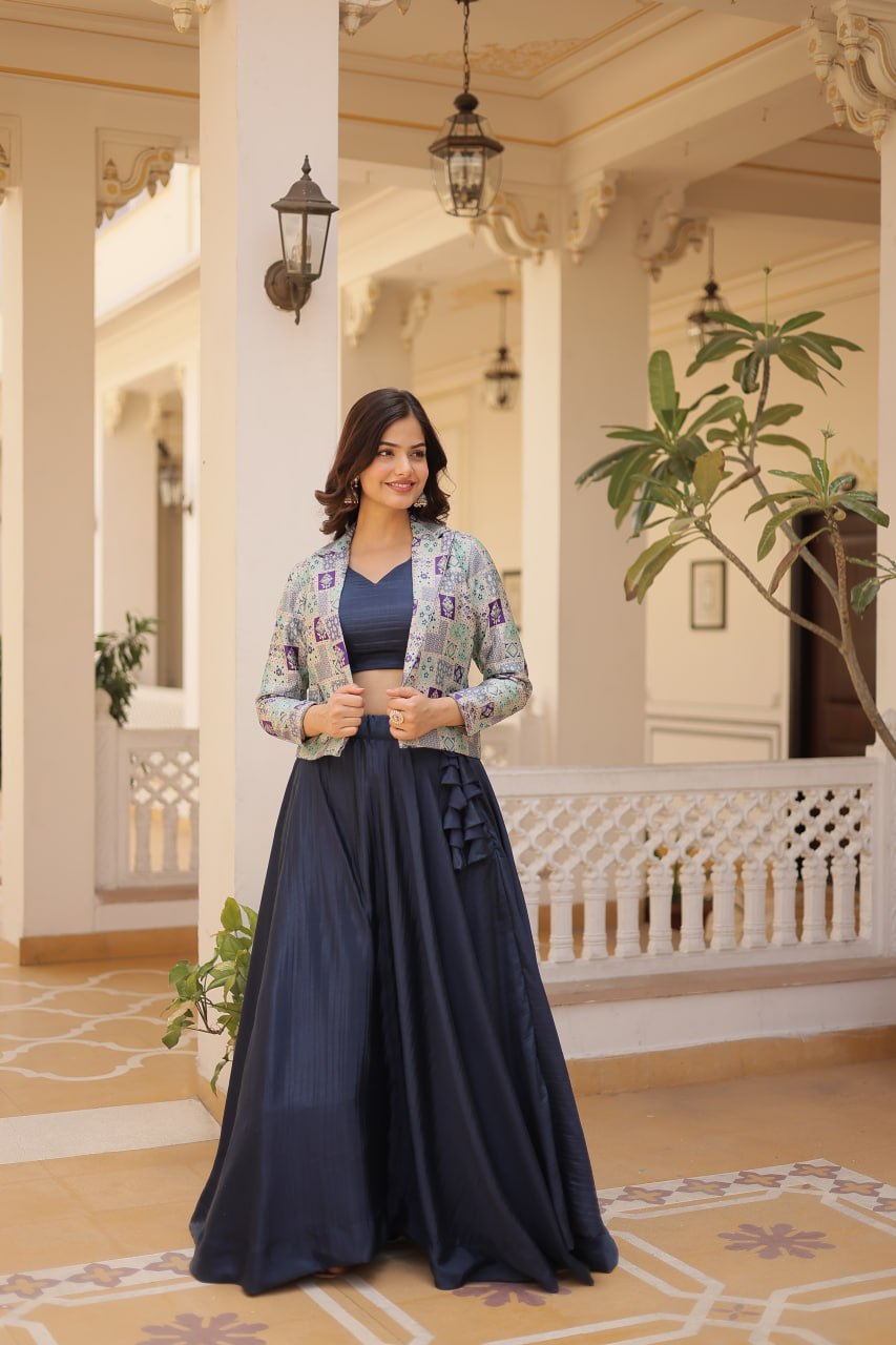 Stylish Chinon Fully Stitched Designer Lehenga Choli Koti Set - Ethnicwish