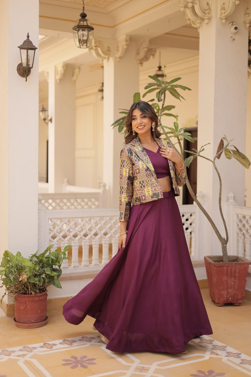 Stylish Chinon Fully Stitched Designer Lehenga Choli Koti Set - Ethnicwish