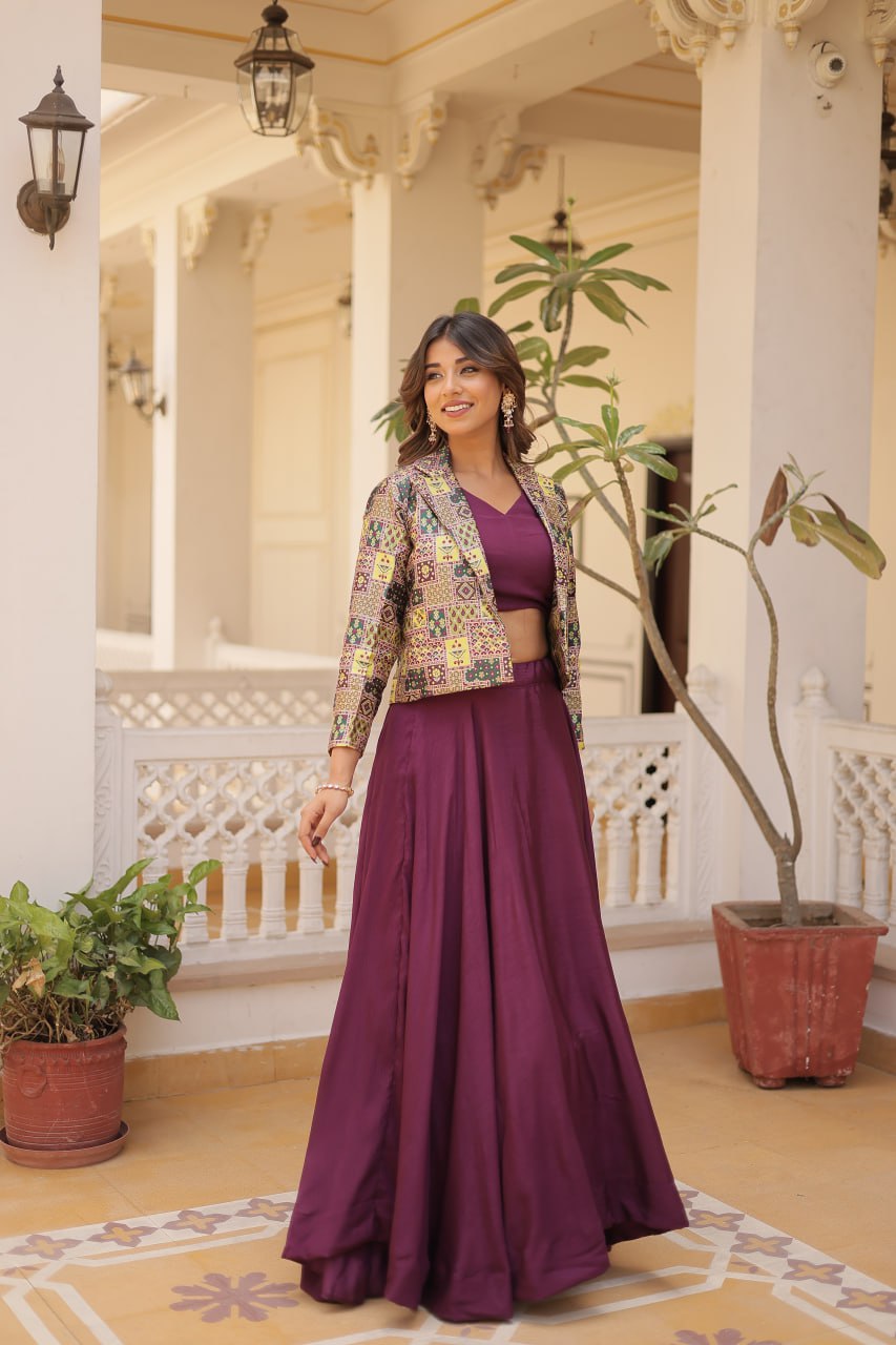 Stylish Chinon Fully Stitched Designer Lehenga Choli Koti Set - Ethnicwish