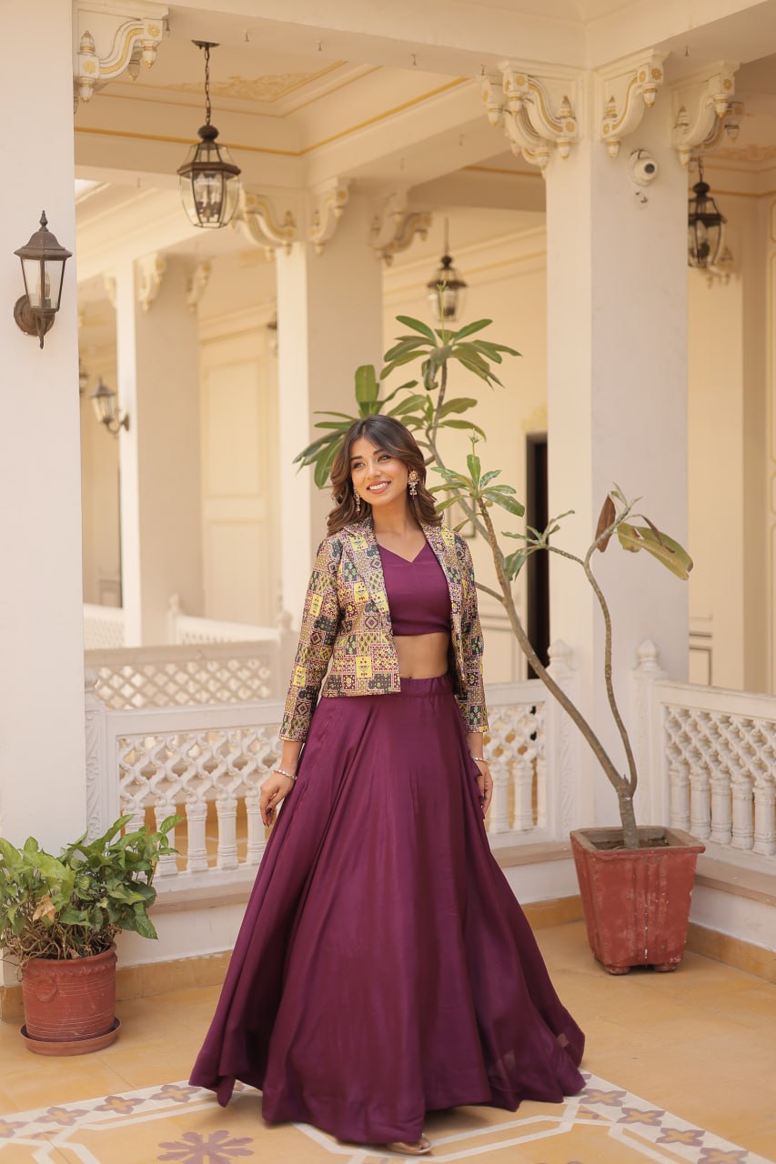 Stylish Chinon Fully Stitched Designer Lehenga Choli Koti Set - Ethnicwish