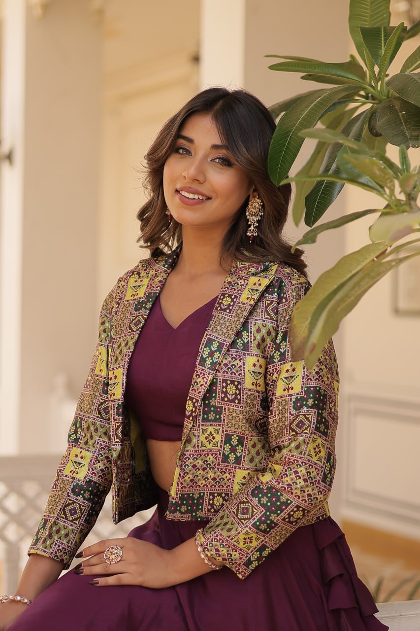 Stylish Chinon Fully Stitched Designer Lehenga Choli Koti Set - Ethnicwish