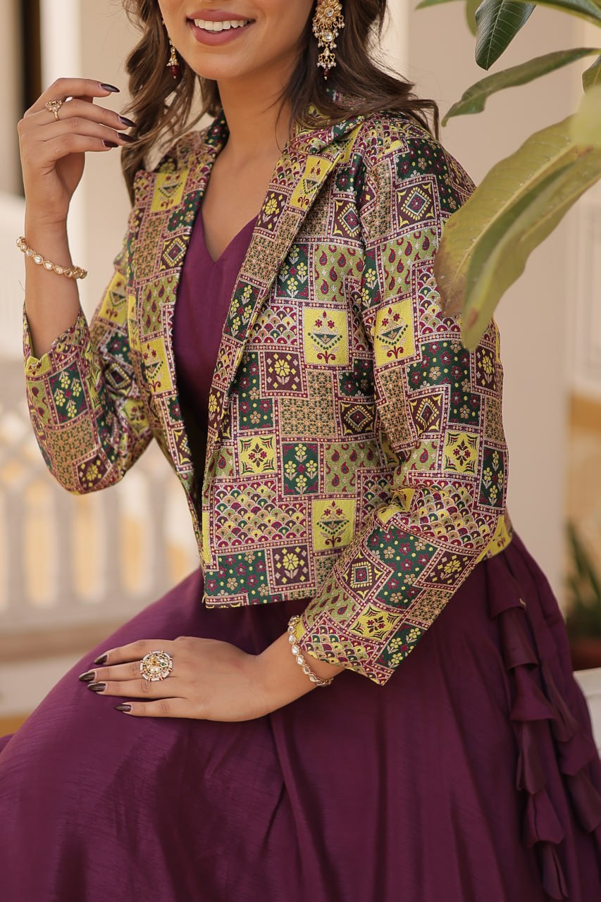 Stylish Chinon Fully Stitched Designer Lehenga Choli Koti Set - Ethnicwish