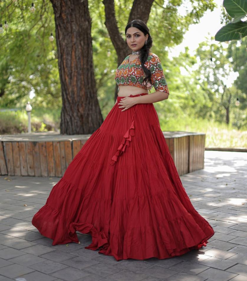 Glorious Navratri Wear Rayon Ruffle Fully Stitched Lehenga Choli - Ethnicwish