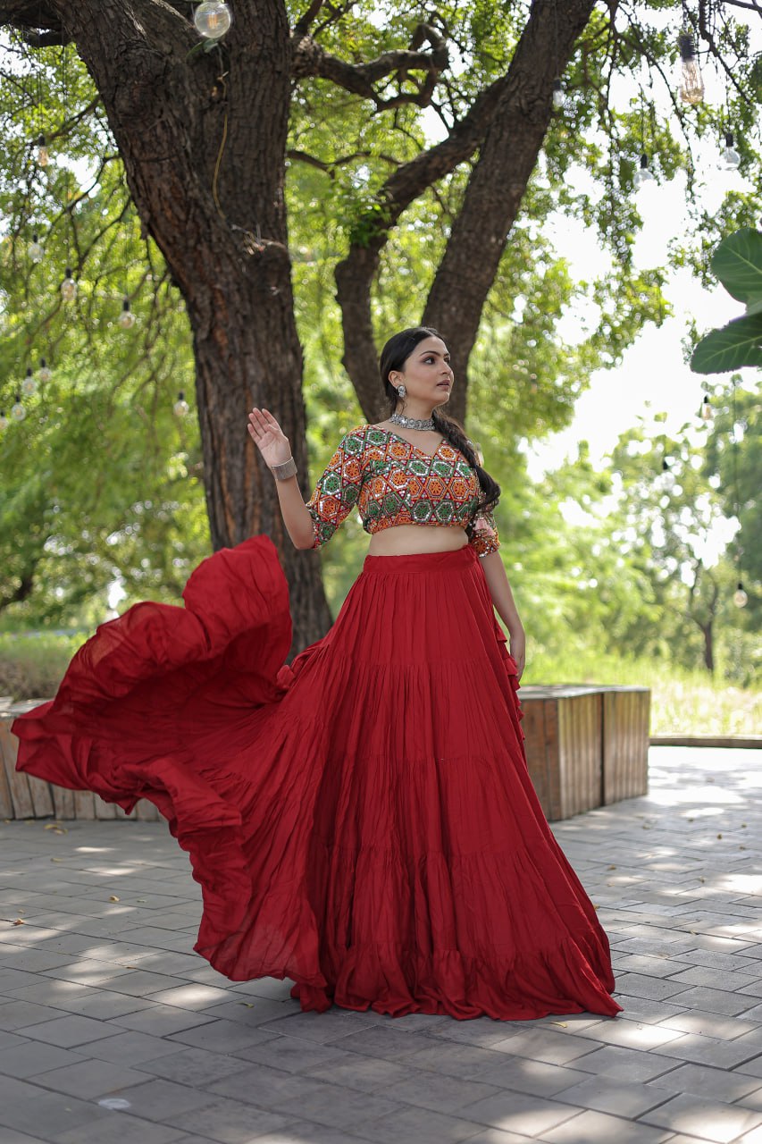 Glorious Navratri Wear Rayon Ruffle Fully Stitched Lehenga Choli - Ethnicwish