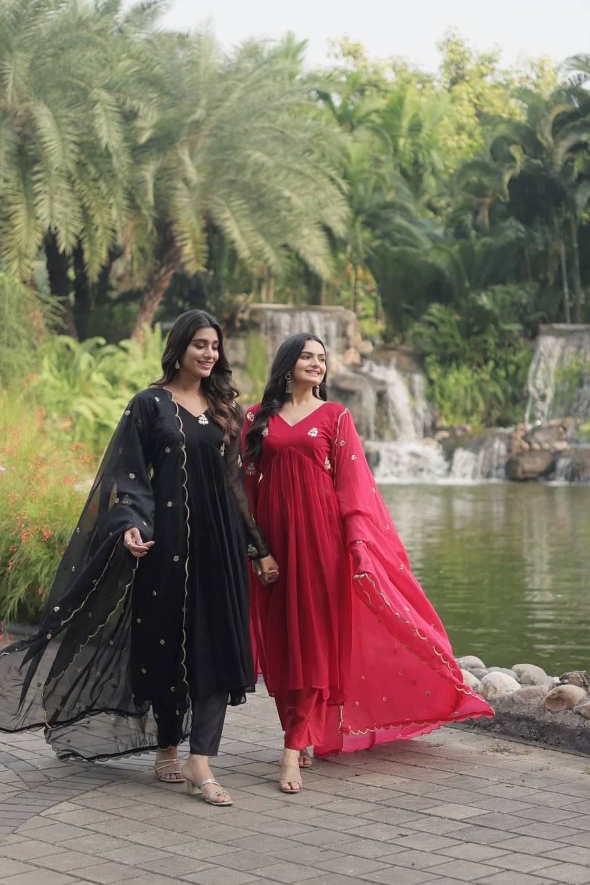 Alia Cut Faux Georgette Embroidered Anarkali Pant Suit - Ethnicwish