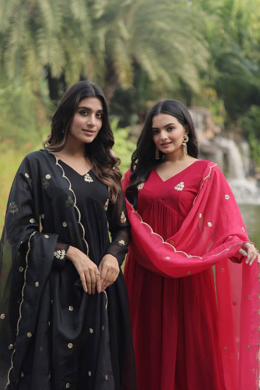 Alia Cut Faux Georgette Embroidered Anarkali Pant Suit - Ethnicwish