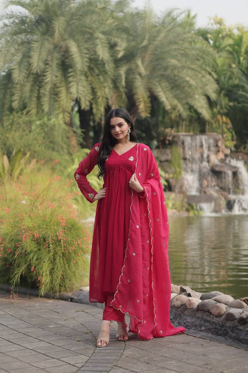 Alia Cut Faux Georgette Embroidered Anarkali Pant Suit - Ethnicwish