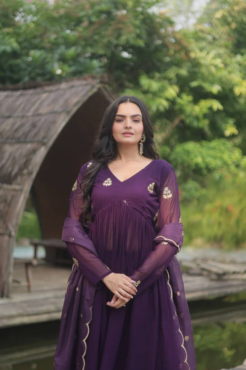 Alia Cut Faux Georgette Embroidered Anarkali Pant Suit - Ethnicwish