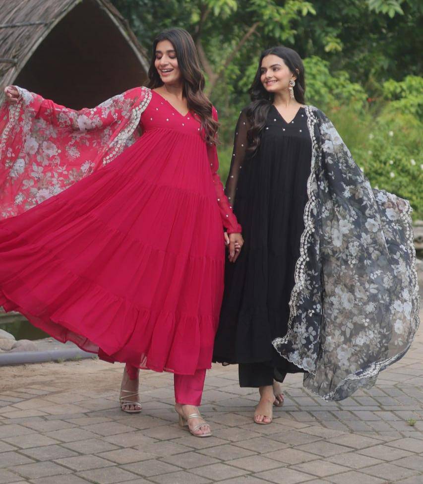 Lighthearted Faux Georgette Butti Worked Anarkali Pant Suit - Ethnicwish