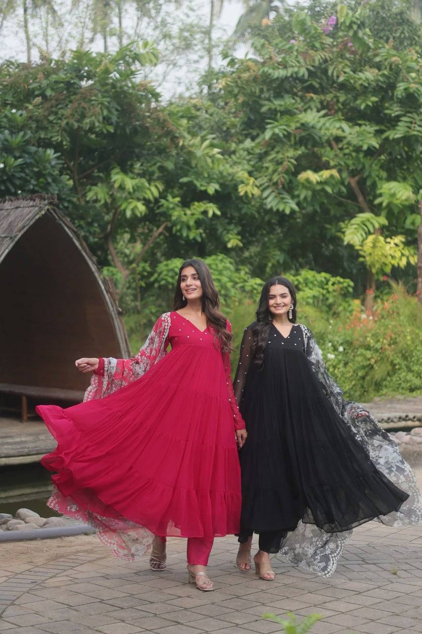 Lighthearted Faux Georgette Butti Worked Anarkali Pant Suit - Ethnicwish