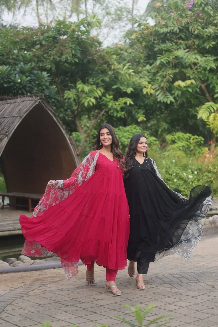 Lighthearted Faux Georgette Butti Worked Anarkali Pant Suit - Ethnicwish