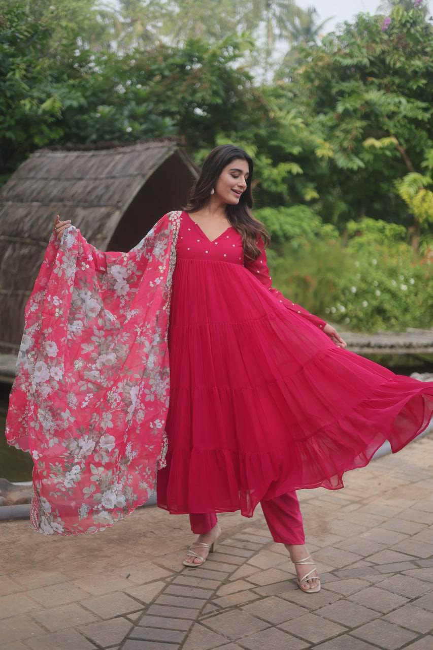 Lighthearted Faux Georgette Butti Worked Anarkali Pant Suit - Ethnicwish