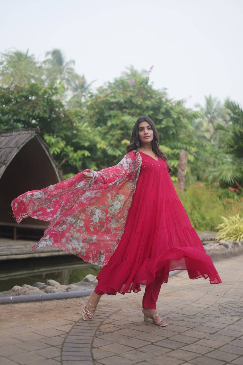 Lighthearted Faux Georgette Butti Worked Anarkali Pant Suit - Ethnicwish