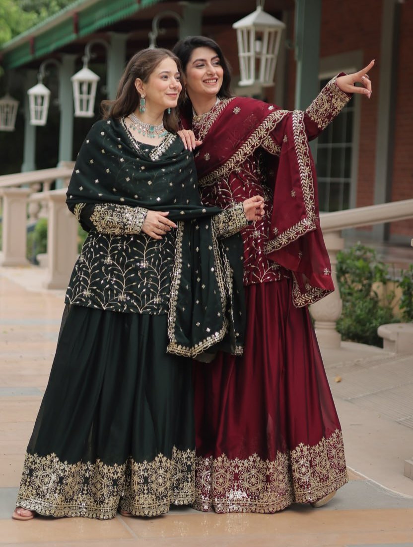 Alluring Rangoli Silk Sequins Thread Worked Top Palazzo Suit - Ethnicwish