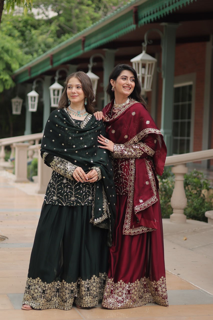 Alluring Rangoli Silk Sequins Thread Worked Top Palazzo Suit - Ethnicwish