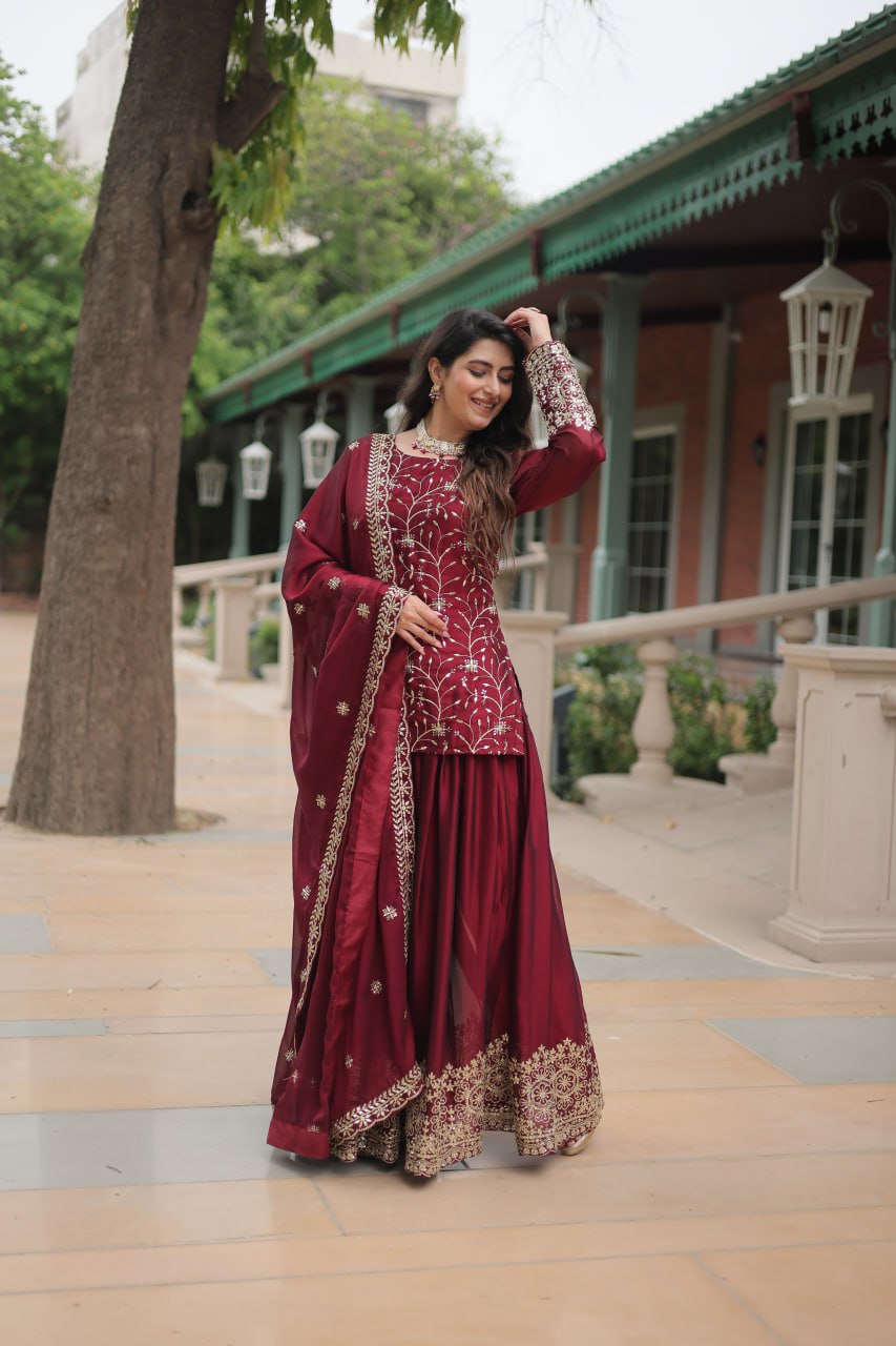 Alluring Rangoli Silk Sequins Thread Worked Top Palazzo Suit - Ethnicwish
