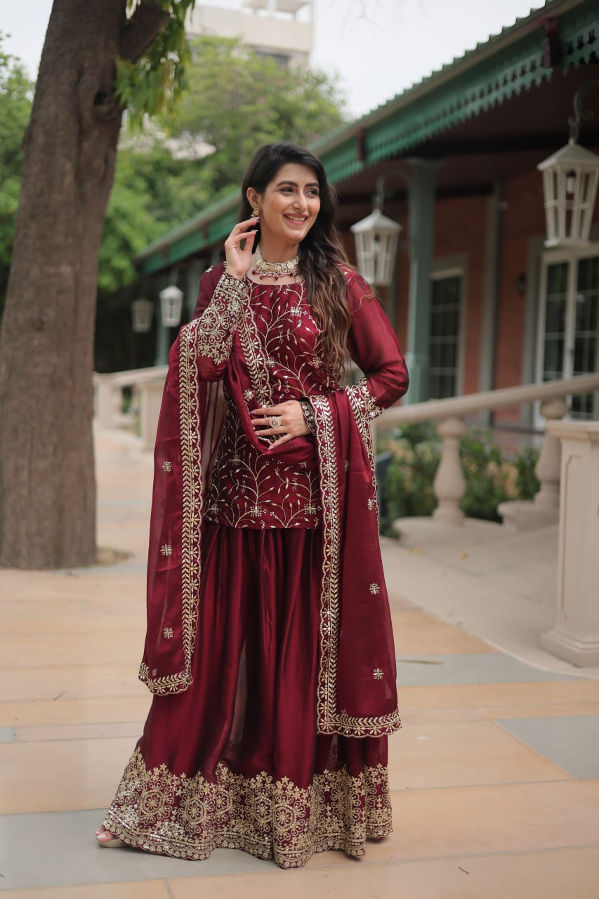 Alluring Rangoli Silk Sequins Thread Worked Top Palazzo Suit - Ethnicwish