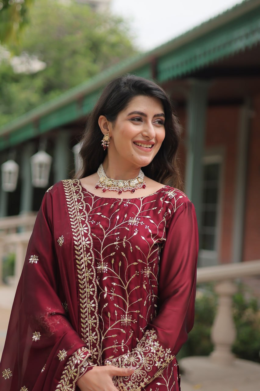 Alluring Rangoli Silk Sequins Thread Worked Top Palazzo Suit - Ethnicwish