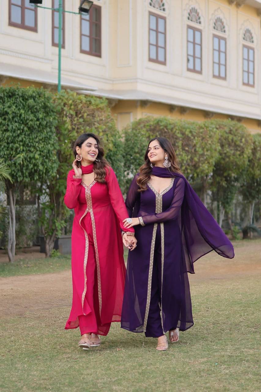 Lovely Faux Georgette Embroidered Slit Cut Top Pant Suit - Ethnicwish