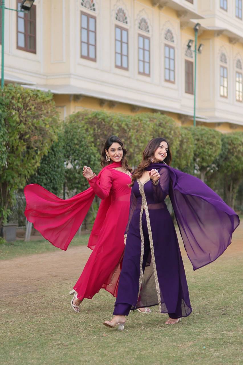 Lovely Faux Georgette Embroidered Slit Cut Top Pant Suit - Ethnicwish