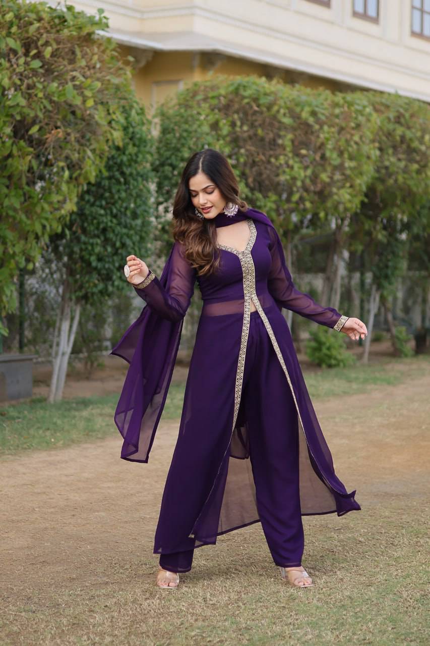 Lovely Faux Georgette Embroidered Slit Cut Top Pant Suit - Ethnicwish