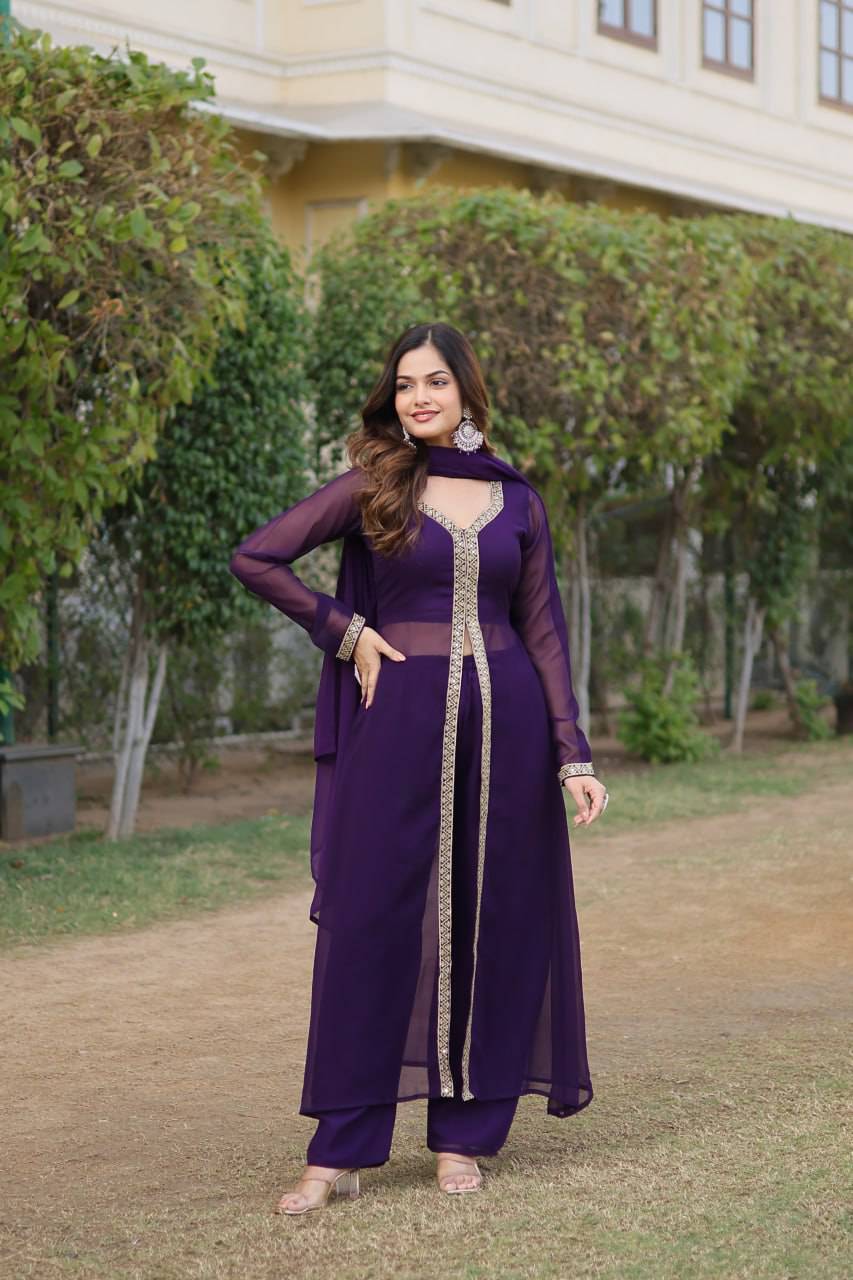 Lovely Faux Georgette Embroidered Slit Cut Top Pant Suit - Ethnicwish