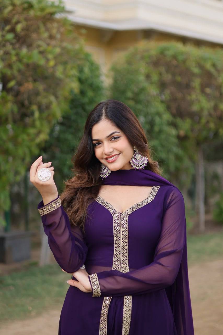 Lovely Faux Georgette Embroidered Slit Cut Top Pant Suit - Ethnicwish