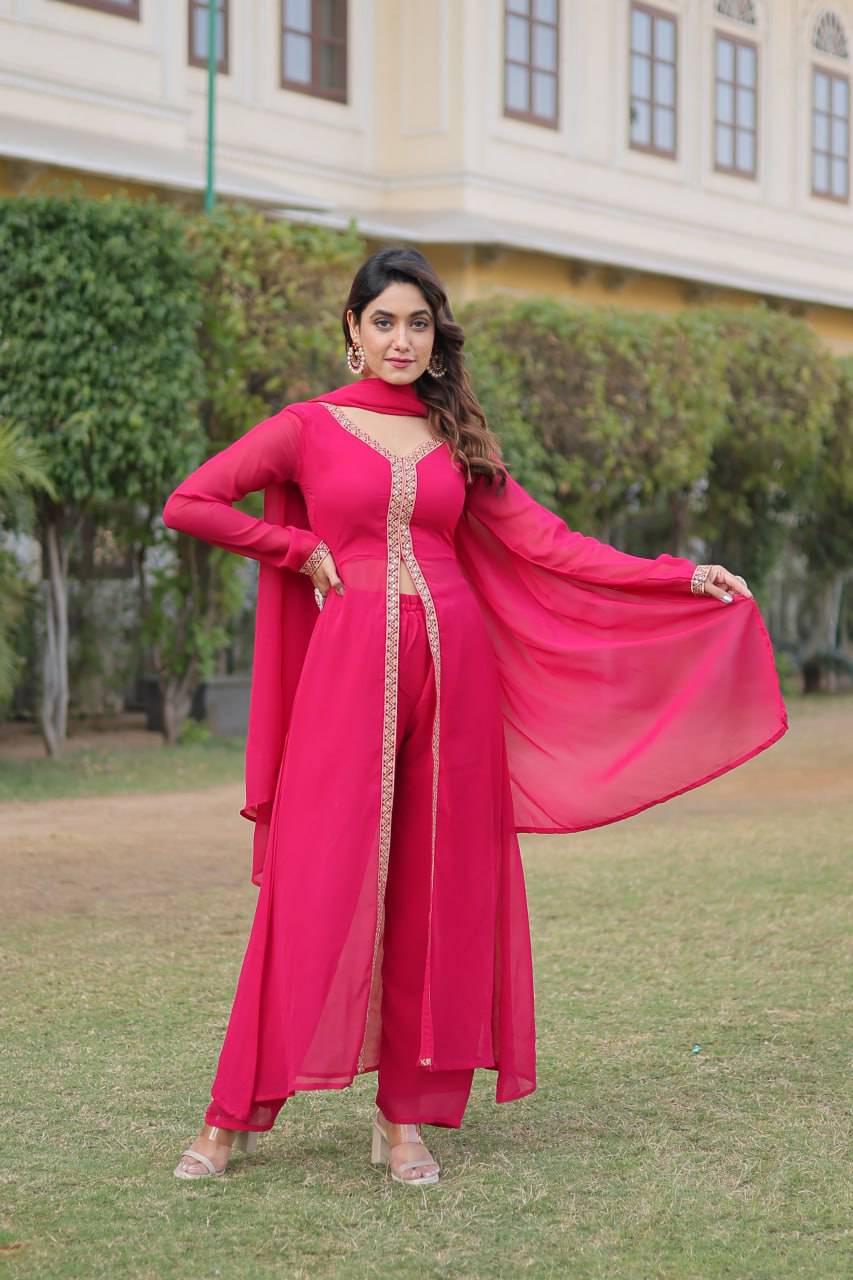 Lovely Faux Georgette Embroidered Slit Cut Top Pant Suit - Ethnicwish