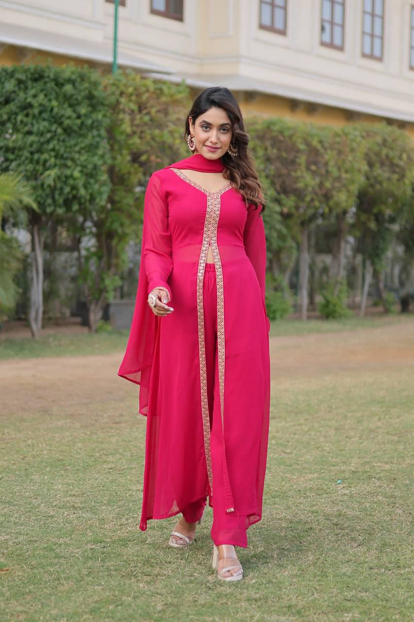 Lovely Faux Georgette Embroidered Slit Cut Top Pant Suit - Ethnicwish
