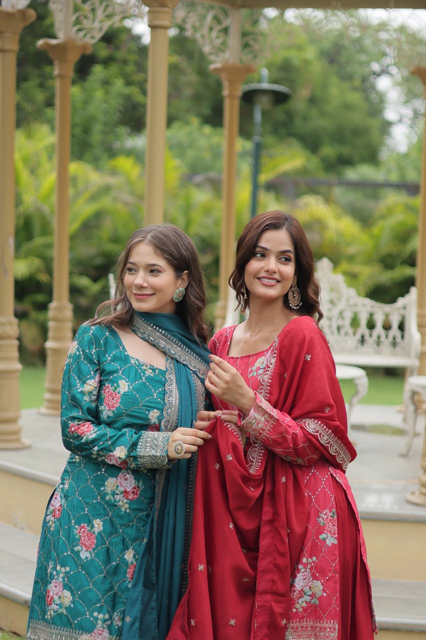 Lovely Chinon Printed Sequins Thread Worked Top Palazzo Suit - Ethnicwish