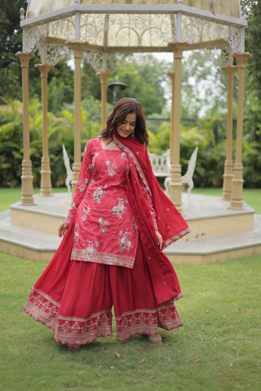 Lovely Chinon Printed Sequins Thread Worked Top Palazzo Suit - Ethnicwish