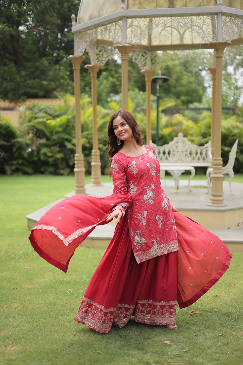 Lovely Chinon Printed Sequins Thread Worked Top Palazzo Suit - Ethnicwish