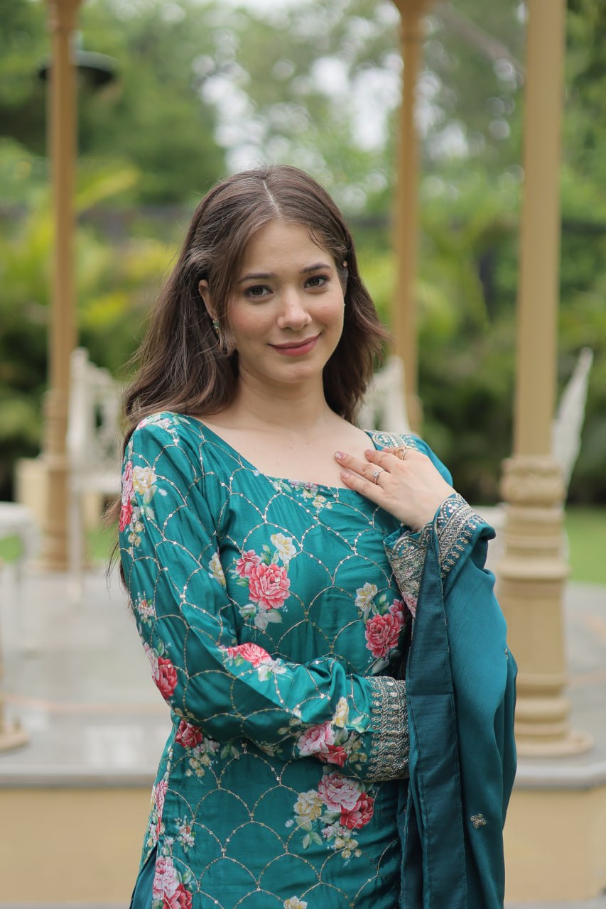 Lovely Chinon Printed Sequins Thread Worked Top Palazzo Suit - Ethnicwish