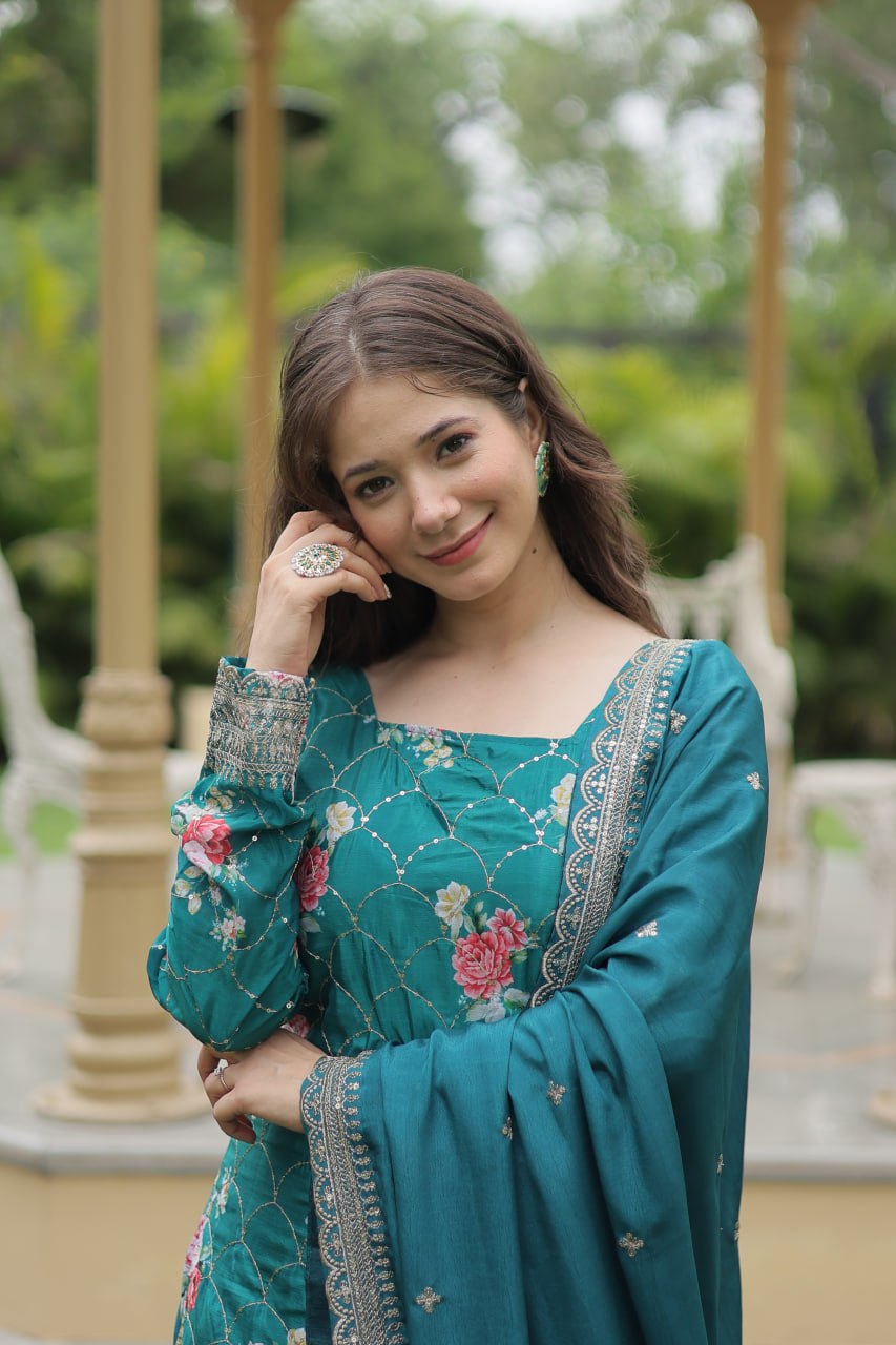 Lovely Chinon Printed Sequins Thread Worked Top Palazzo Suit - Ethnicwish