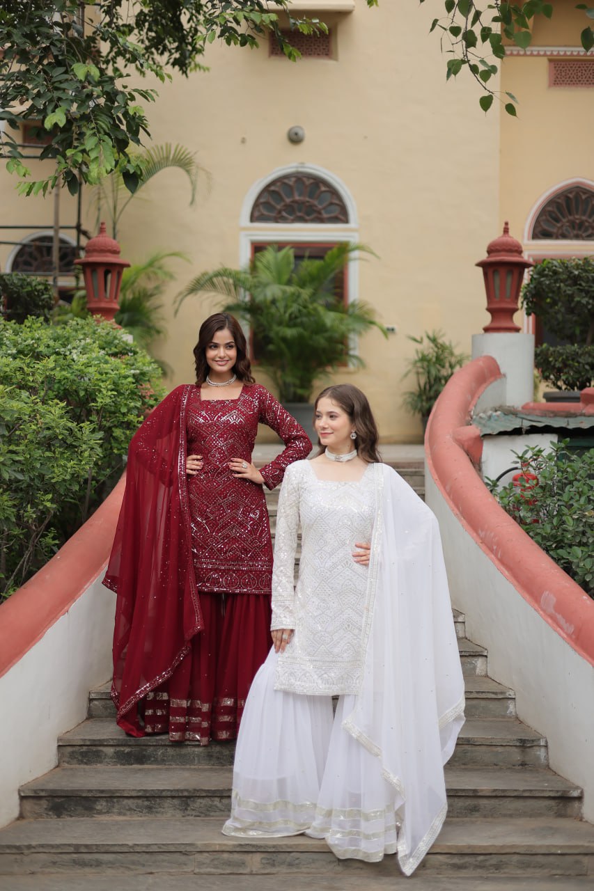 Mesmerizing Faux Georgette Sequins Thread Worked Top Sharara Suit - Ethnicwish