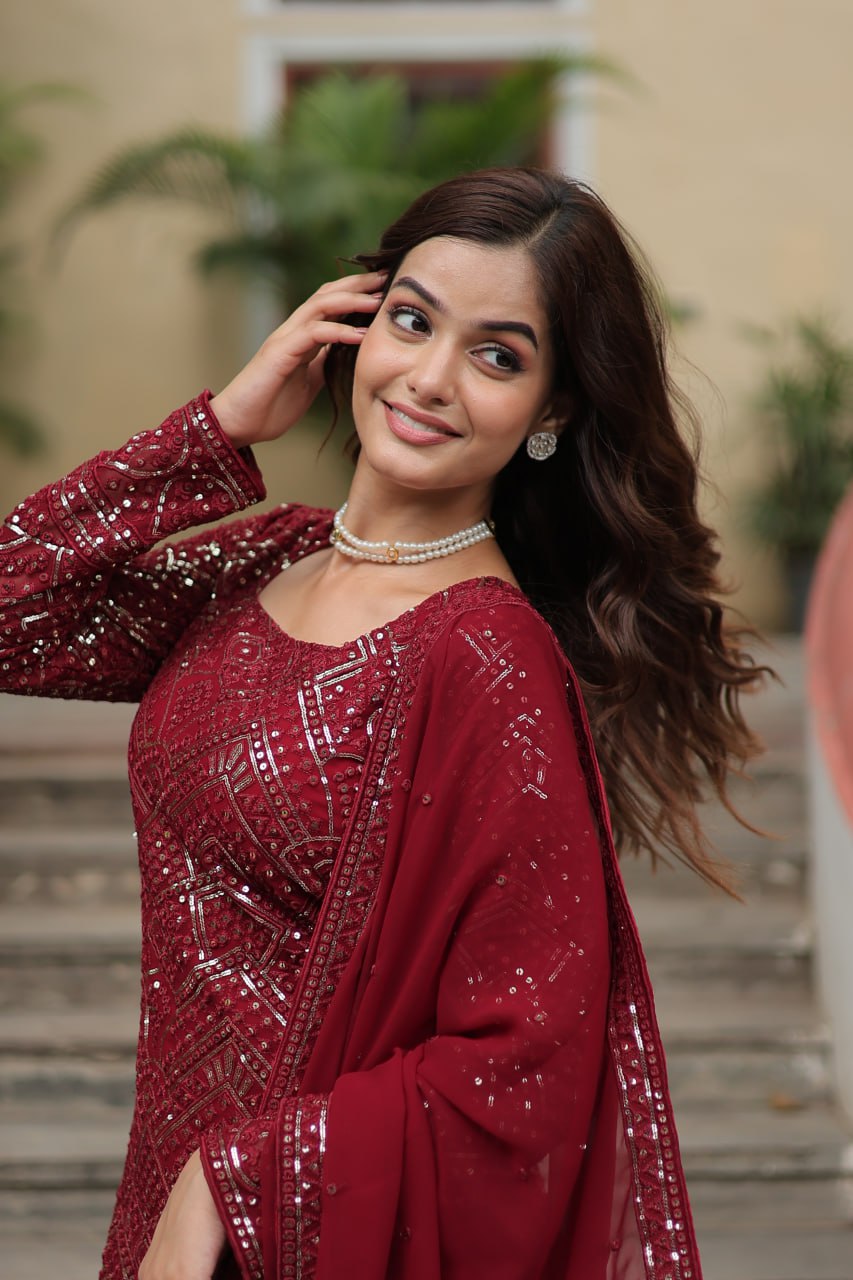 Mesmerizing Faux Georgette Sequins Thread Worked Top Sharara Suit - Ethnicwish