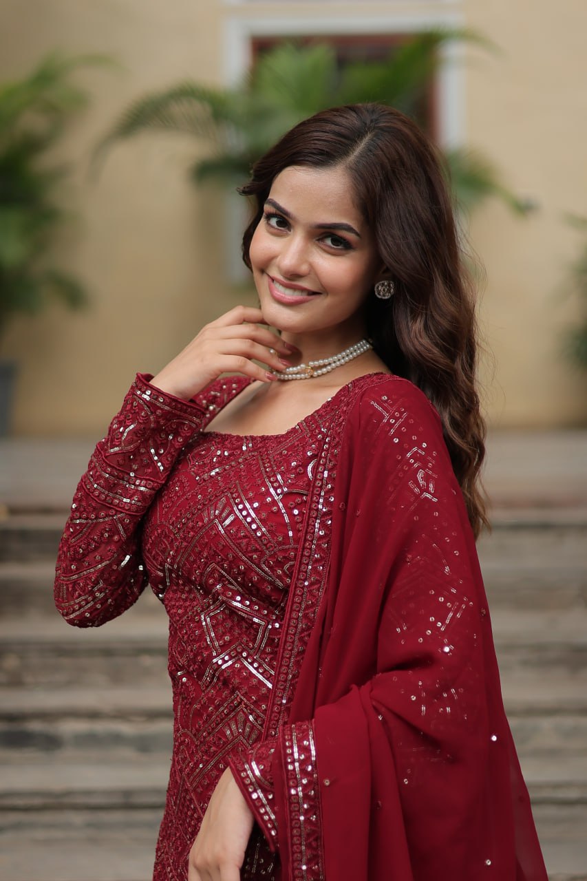 Mesmerizing Faux Georgette Sequins Thread Worked Top Sharara Suit - Ethnicwish