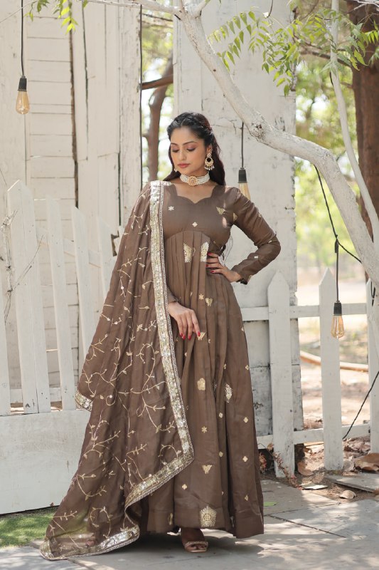 Graceful Rich Sequins Embroidered Fully Stitched Gown With Dupatta - Ethnicwish