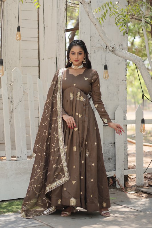 Graceful Rich Sequins Embroidered Fully Stitched Gown With Dupatta - Ethnicwish