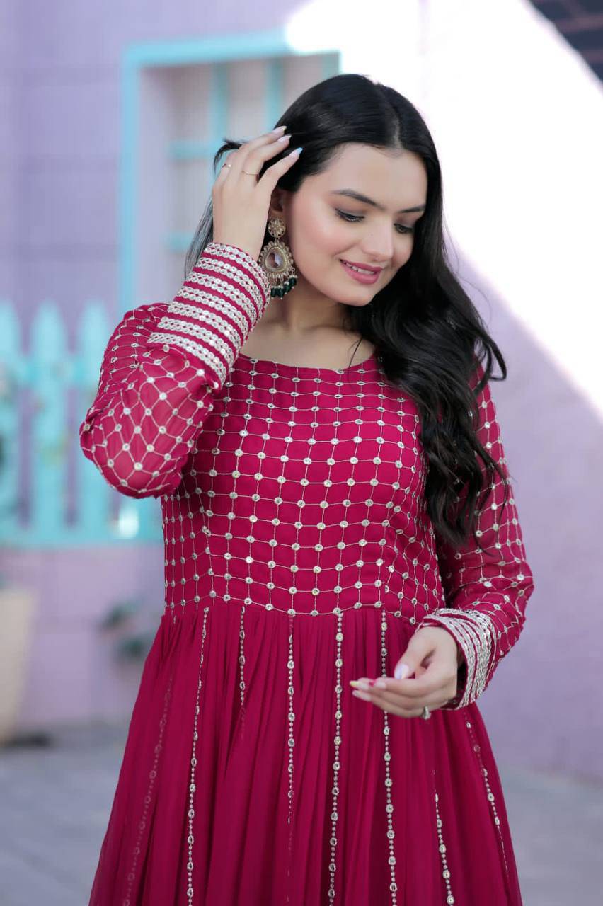 Fetching Faux Georgette Sequins Worked Designer Gown - Ethnicwish