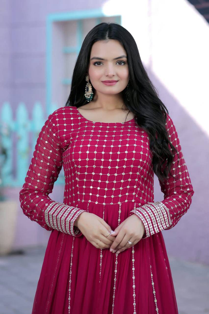 Fetching Faux Georgette Sequins Worked Designer Gown - Ethnicwish