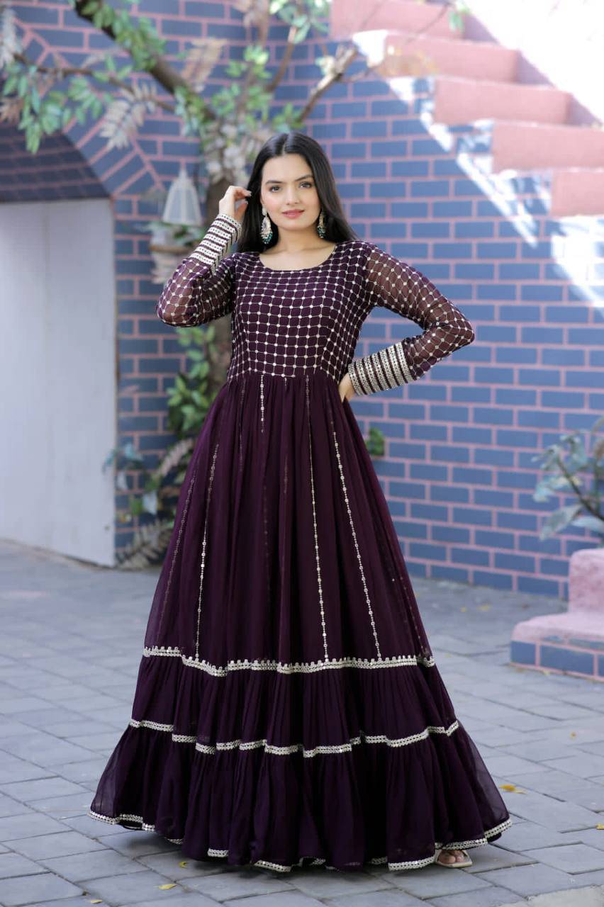 Fetching Faux Georgette Sequins Worked Designer Gown - Ethnicwish