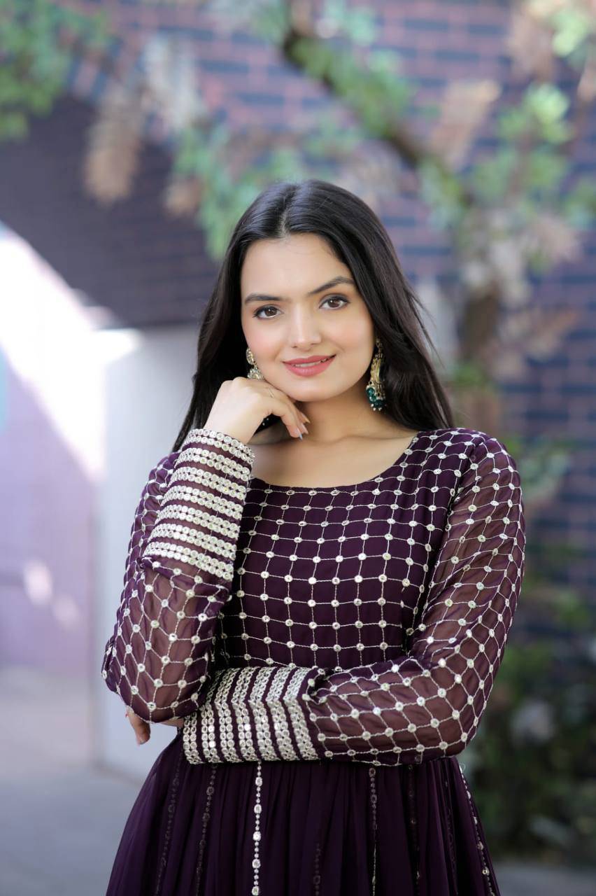 Fetching Faux Georgette Sequins Worked Designer Gown - Ethnicwish