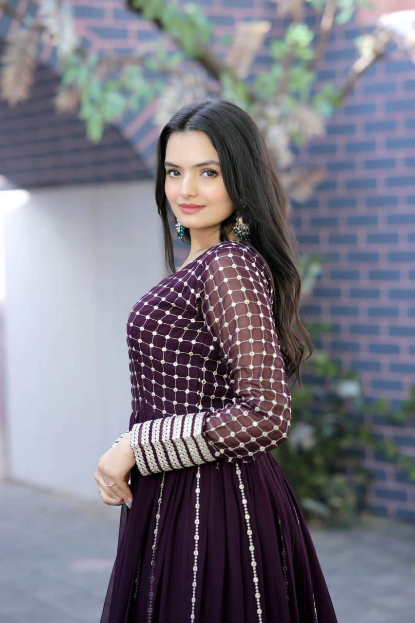 Fetching Faux Georgette Sequins Worked Designer Gown - Ethnicwish