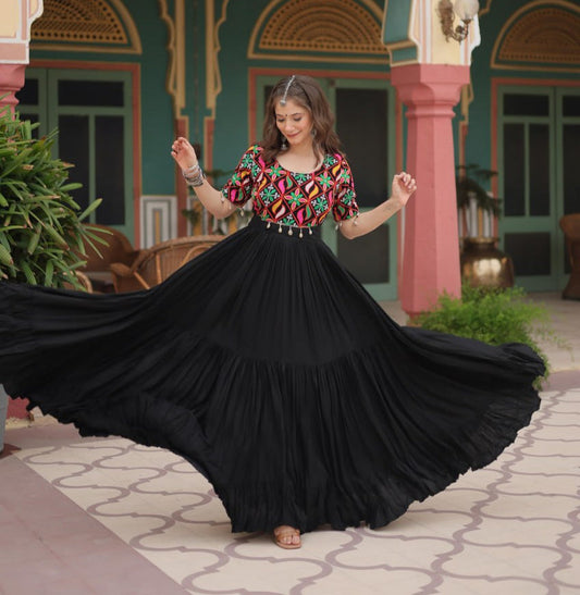 Elegant Black Rayon Gown with Kutchi Gamthi & Kodi Work – 10 Meter Flair - ETHNICDEAL