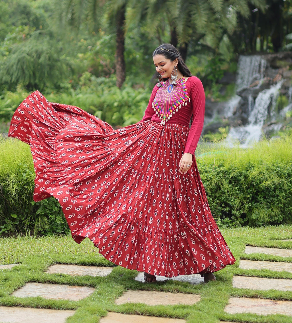Maroon Cotton Printed Gown with Kutchi Gamthi Work & Kodi Lace – 12 Meter Flair - ETHNICDEAL