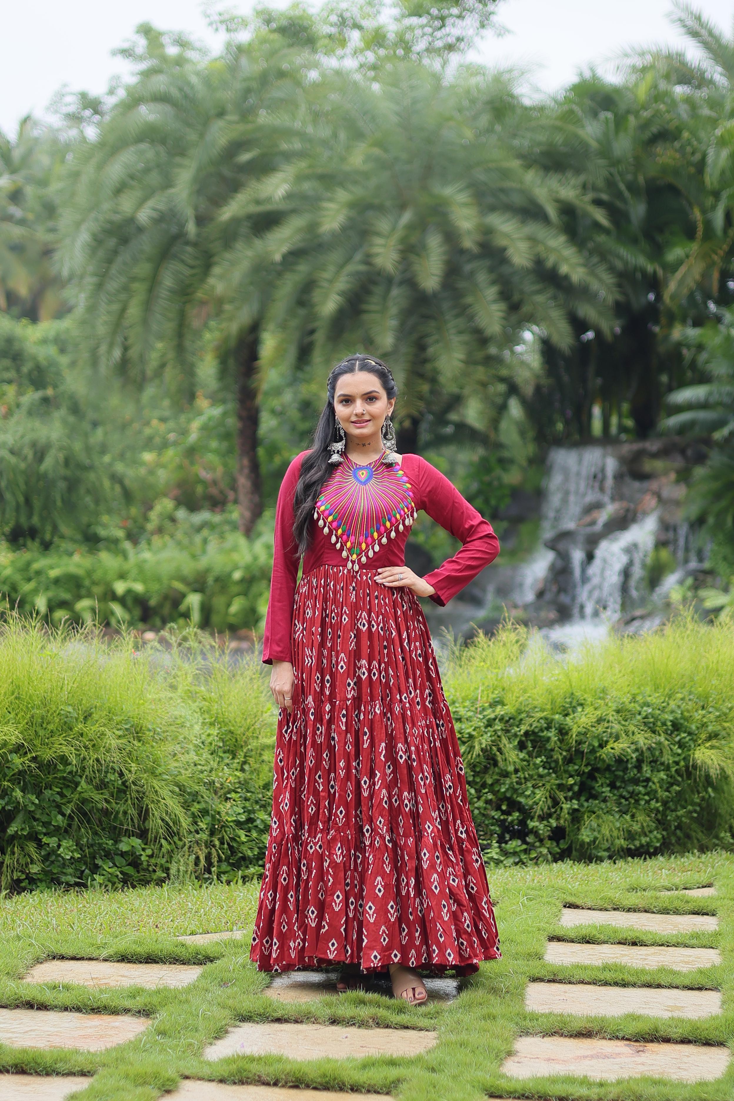 Maroon Cotton Printed Gown with Kutchi Gamthi Work & Kodi Lace – 12 Meter Flair - ETHNICDEAL